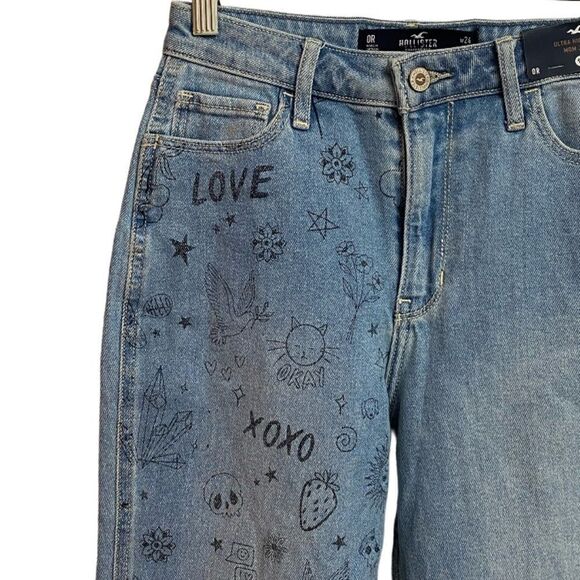 NWT Hollister Ultra High Rise Mom Jeans Women's Size 24 Unhemmed Blue Artsy Cat - Picture 6 of 16